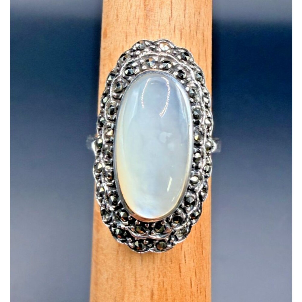 Vintage Sterling Silver Moonstone Marcasite Ring Oval Cabochon Size 7.75